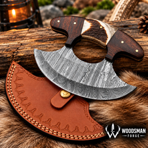 Stagwood Crescent™ Damascus Ulu Knife with Stag Antler & Rosewood Handle