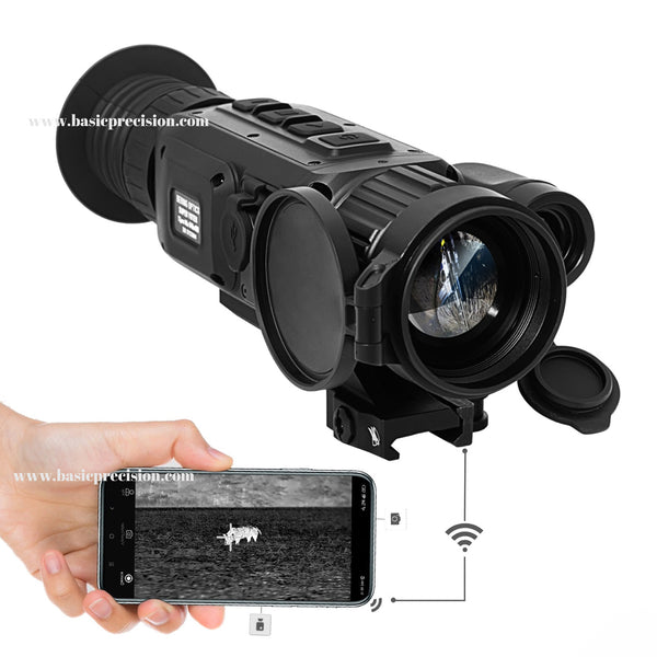 Load image into Gallery viewer, Bering Optics Super Yoter LRF Thermal Scope With Laser Range Finder Shown Transmitting Thermal Image Of A Hog To A Phone During Night Hunting
