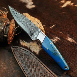 Bluecrest Trail™ Damascus Hunting Knife – Blue Resin Full Tang