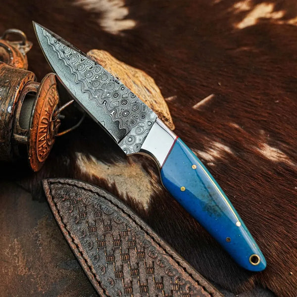 Load image into Gallery viewer, Bluecrest Trail™ Damascus Hunting Knife – Blue Resin Full Tang
