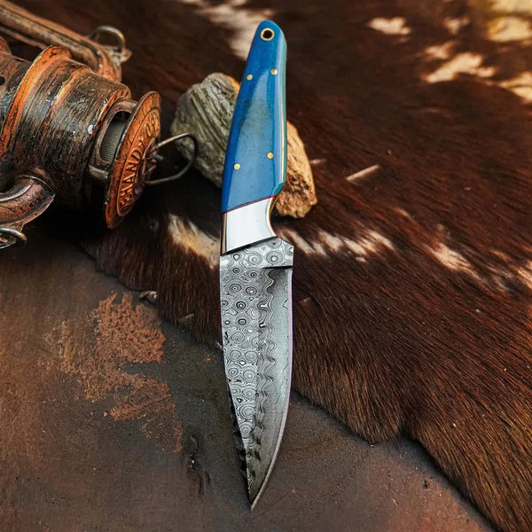 Load image into Gallery viewer, Bluecrest Trail™ Damascus Hunting Knife – Blue Resin Full Tang
