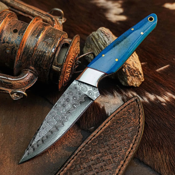 Load image into Gallery viewer, Bluecrest Trail™ Damascus Hunting Knife – Blue Resin Full Tang
