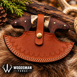 Stagwood Crescent™ Damascus Ulu Knife with Stag Antler & Rosewood Handle