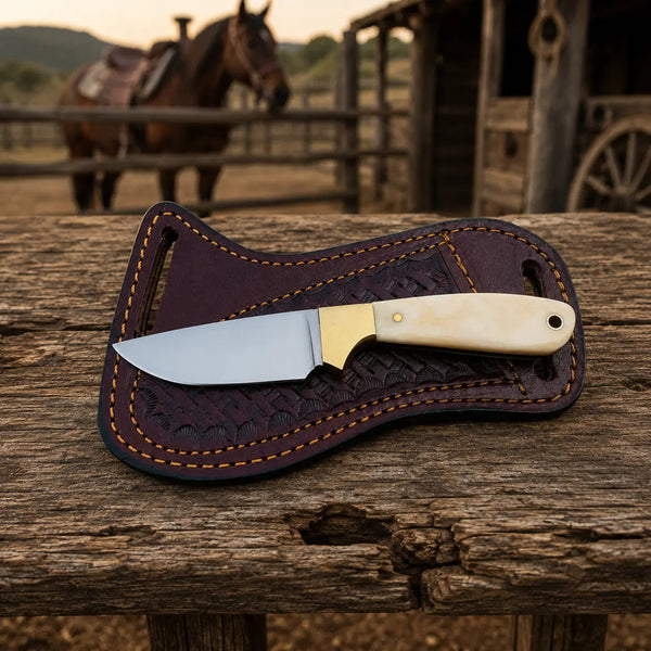 Load image into Gallery viewer, Bonecrest D2 Steel Cowboy Skinner Knife – Bone Handle &amp; Leather Sheath
