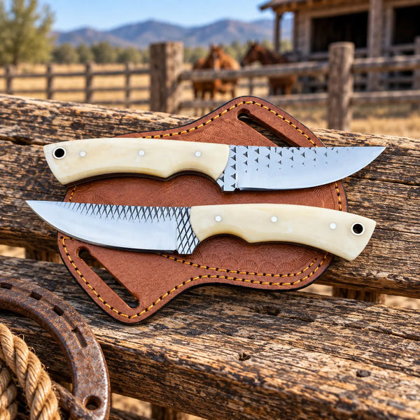 Load image into Gallery viewer, Bonehart Rasp Steel Skinner Knife – Bone Handle &amp; Leather Sheath
