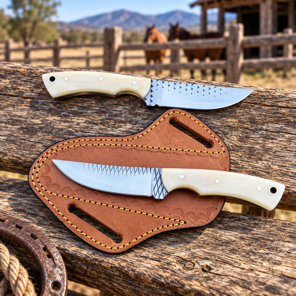 Load image into Gallery viewer, Bonehart Rasp Steel Skinner Knife – Bone Handle &amp; Leather Sheath
