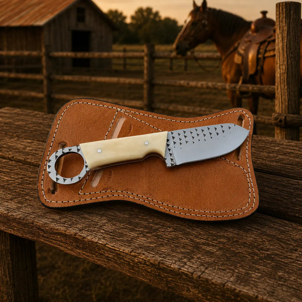 Load image into Gallery viewer, Bonehart Rasp Steel Skinner Knife – Bone Handle &amp; Leather Sheath
