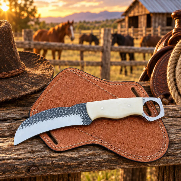 Load image into Gallery viewer, Bonehook Rasp Steel Bone Handle Hawkbill Knife – 7" with Leather Sheath
