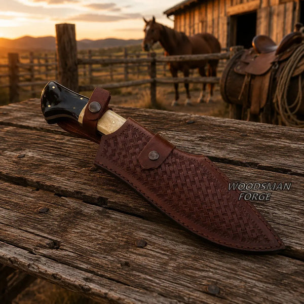 Load image into Gallery viewer, Cinderhorn D2 Bowie Knife – 12" D2 Steel, Camel Bone &amp; Bull Horn
