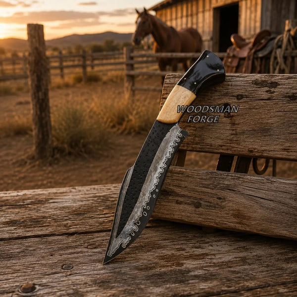 Load image into Gallery viewer, Cinderhorn D2 Bowie Knife – 12" D2 Steel, Camel Bone &amp; Bull Horn
