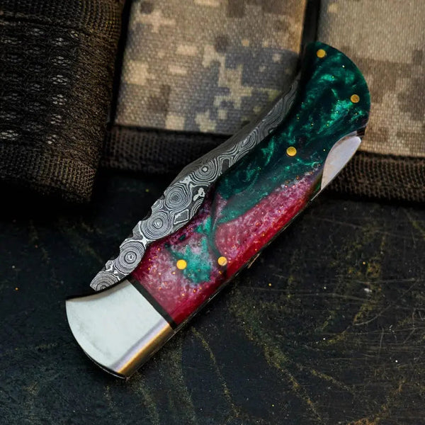 Load image into Gallery viewer, Damascus Folding Pocket Knife with Resin Handle | Handmade Hunting Knife
