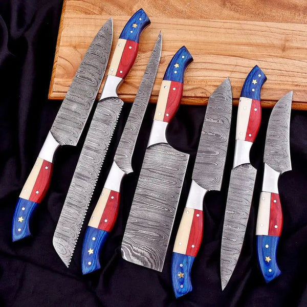 Load image into Gallery viewer, 7-Piece Handmade Damascus Steel Chef Knife Set – Twist Pattern Full Tang Kitchen Knives
