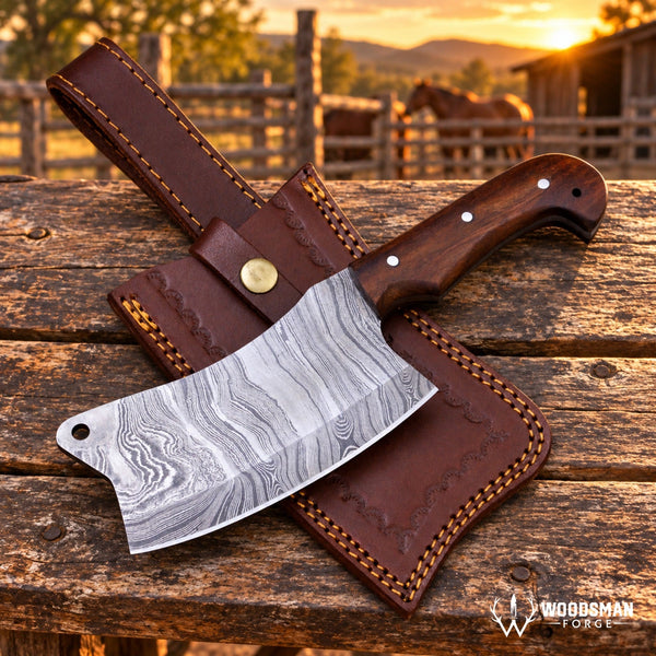Load image into Gallery viewer, Timberveil Hearthcres Handmade Damascus Kitchen Cleaver – Densified Wood Handle

