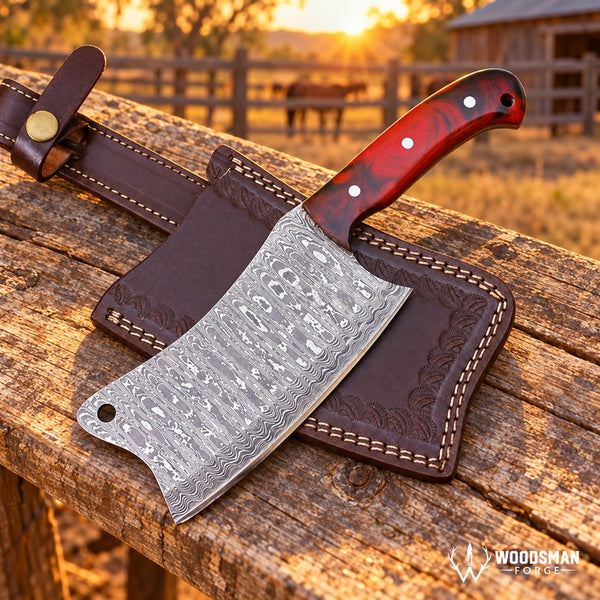 Load image into Gallery viewer, Chromaforge Embercrest Handmade Damascus Kitchen Cleaver – Acrylic Handle
