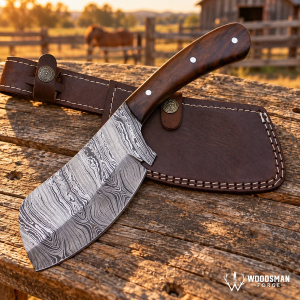 Load image into Gallery viewer, Walnutforge Hearthwarden Handmade Damascus Cleaver Knife – Walnut Wood Handle
