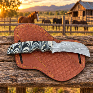 Embercrest Damascus Hawkbill Knife – Damascus Steel, Resin Handle & Leather Sheath