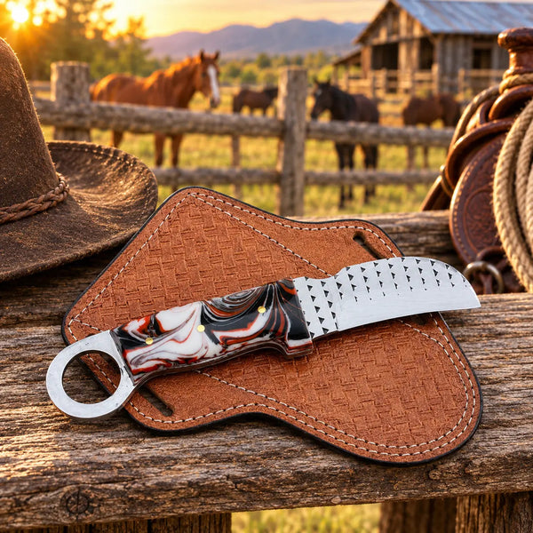 Load image into Gallery viewer, Emberhook Rasp Steel Hawkbill Knife – Resin Handle &amp; Leather Sheath
