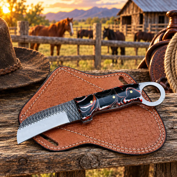 Load image into Gallery viewer, Emberhook Rasp Steel Hawkbill Knife – Resin Handle &amp; Leather Sheath
