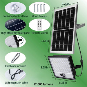 12,000 lumens solar feeder light kit with dimensions and components listed on a green background