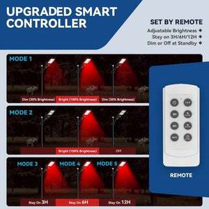 Red feeder hog solar light is shown working in different modes: motion-sensor-activated and timer-activated.