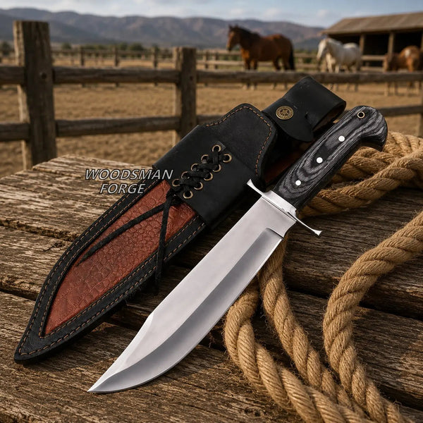 Load image into Gallery viewer, Frontierbane D2 Bowie Knife – 15" D2 Steel, Exotic Wood &amp; Leather Sheath

