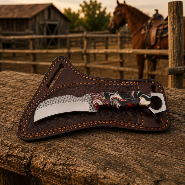 Load image into Gallery viewer, Ironhook Rasp Steel Hawkbill Knife – Resin Handle &amp; Leather Sheath
