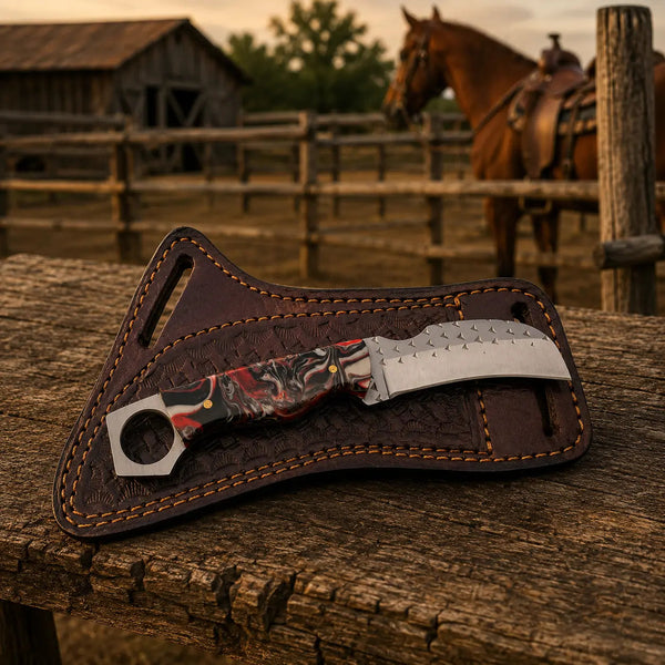 Load image into Gallery viewer, Ironhook Rasp Steel Hawkbill Knife – Resin Handle &amp; Leather Sheath
