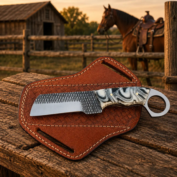 Load image into Gallery viewer, Ironranch Bull Cutter Knife – Rasp Steel, Resin Handle &amp; Leather Sheath
