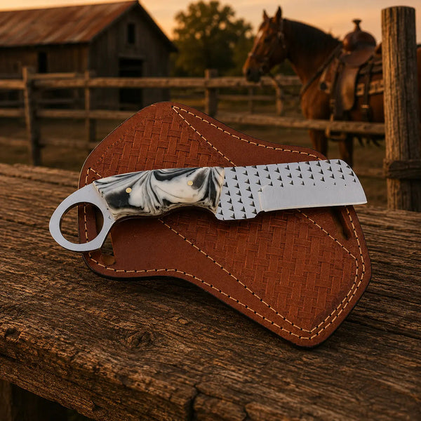 Load image into Gallery viewer, Ironranch Bull Cutter Knife – Rasp Steel, Resin Handle &amp; Leather Sheath

