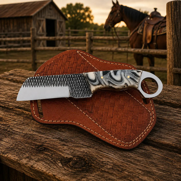 Load image into Gallery viewer, Ironranch Bull Cutter Knife – Rasp Steel, Resin Handle &amp; Leather Sheath
