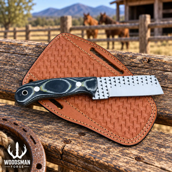 Load image into Gallery viewer, Ironvale Rasp Steel Cowboy Bull Cutter Knife – Micarta Handle &amp; Leather Sheath
