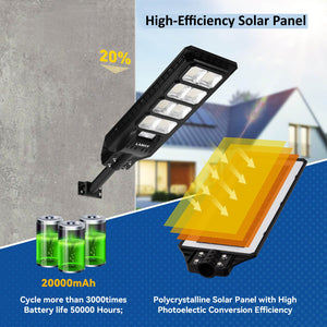 Solar street light with high-efficiency solar panel and battery life information on a blue background.