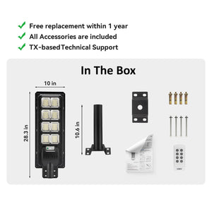 25,000 lumens solar street light kit with dimensions and components listed on a white background