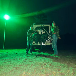 Two hunters standing next to a truck with hogs under a green light after night huning.