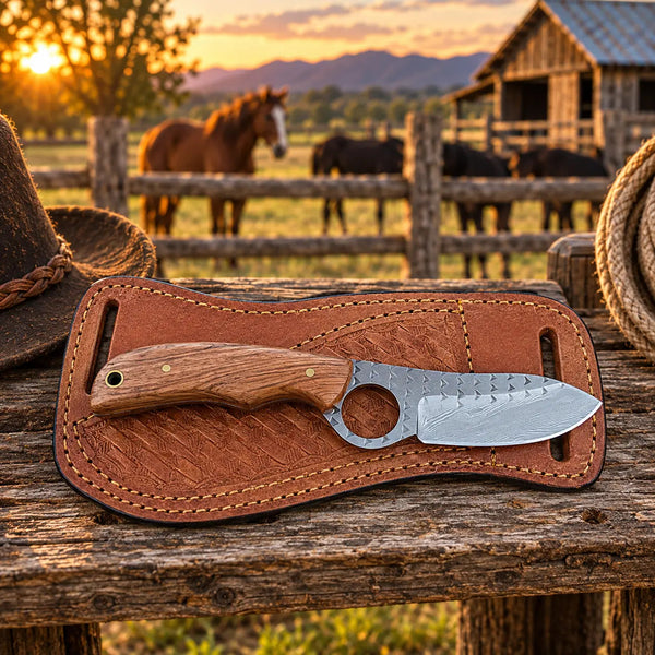 Load image into Gallery viewer, Oakridge Rasp Steel Skinner Knife – Wood Handle &amp; Leather Sheath
