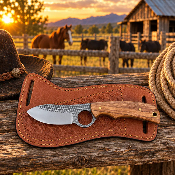 Load image into Gallery viewer, Oakridge Rasp Steel Skinner Knife – Wood Handle &amp; Leather Sheath
