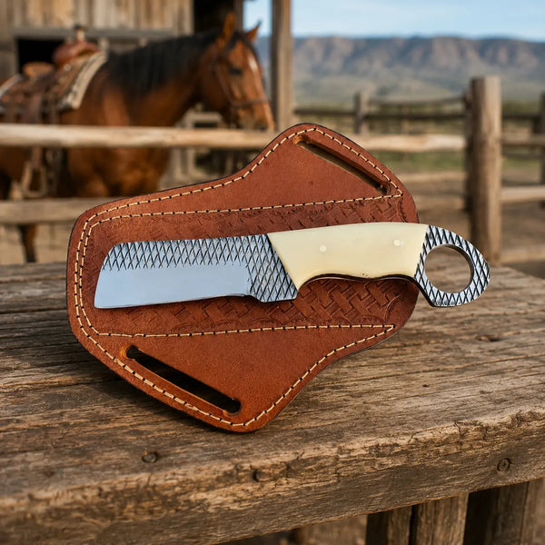 Load image into Gallery viewer, Rasphorn Rasp Steel Cowboy Bull Cutter – Bone Handle &amp; Leather Sheath
