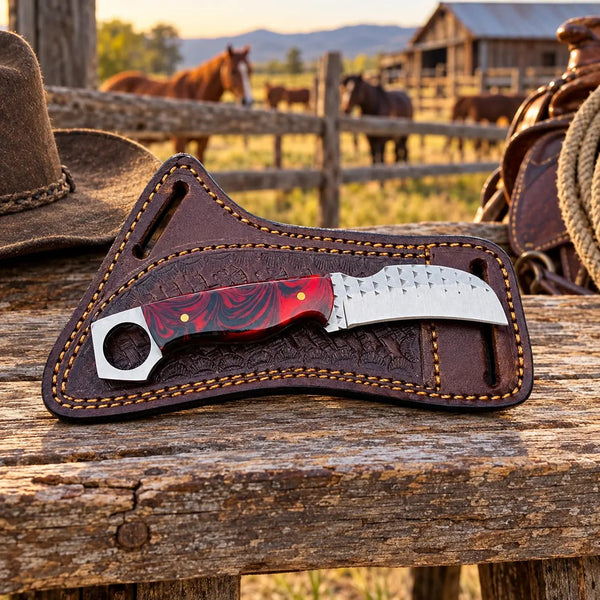 Load image into Gallery viewer, Ravenhook Rasp Steel Hawkbill Knife – Resin Handle &amp; Leather Sheath
