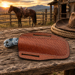 Redstone Damascus Cowboy Bull Cutter Knife – Resin Handle & Leather Sheath