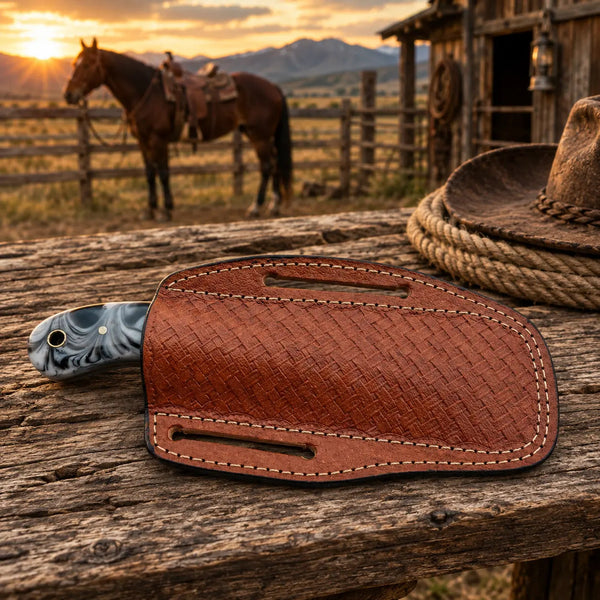 Load image into Gallery viewer, Redstone Damascus Cowboy Bull Cutter Knife – Resin Handle &amp; Leather Sheath
