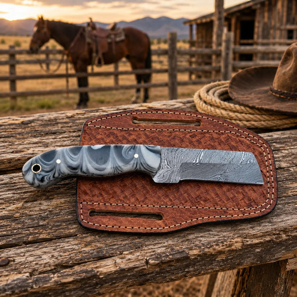 Load image into Gallery viewer, Redstone Damascus Cowboy Bull Cutter Knife – Resin Handle &amp; Leather Sheath
