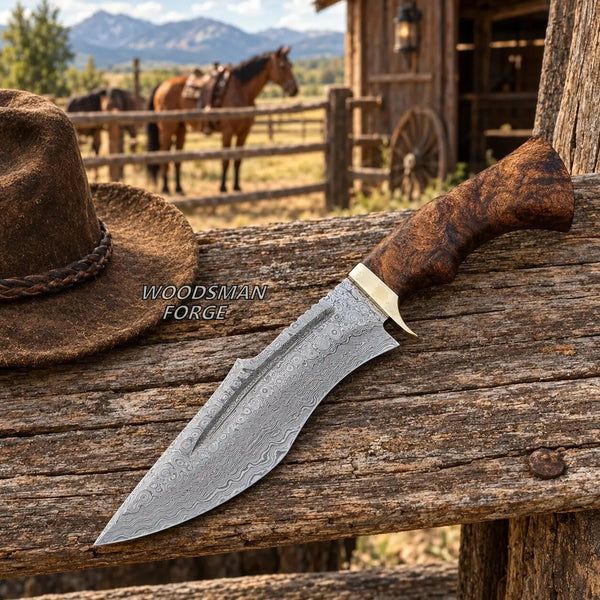 Load image into Gallery viewer, Rosewarden Hunting Bowie Knife – 15" Damascus Steel, Rosewood Handle &amp; Sheath
