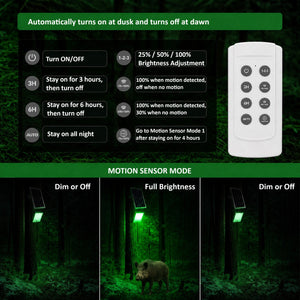 Green feeder hog solar light is shown working in different modes: motion-sensor-activated and timer-activated.