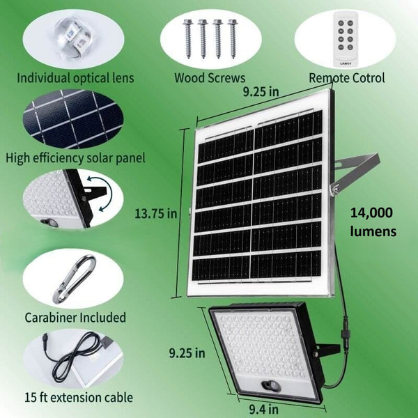 Load image into Gallery viewer, 14,000 lumens solar feeder light kit with dimensions and components listed on a green background

