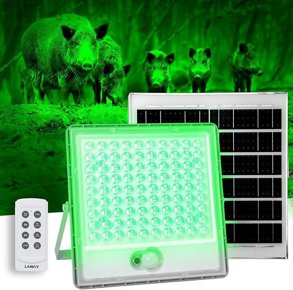 Load image into Gallery viewer, Solar LED feeder light with green glow, pigs in the background, and remote control.
