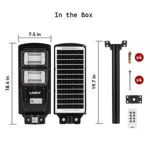Solar street / gate / feeder light kit with dimensions and components listed on a white background