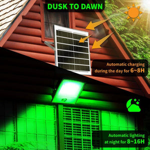 Solar panel on a roof with text indicating dusk to dawn operation and automatic charging during the day.