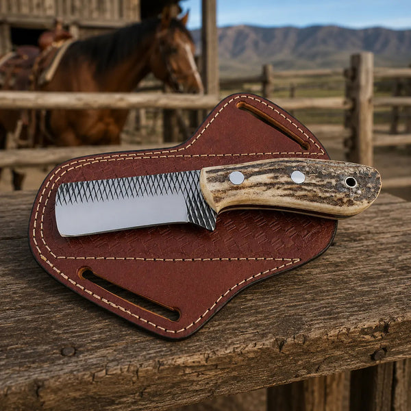 Load image into Gallery viewer, Stagrasp Rasp Steel Stag Horn Bull Cutter – Leather Sheath
