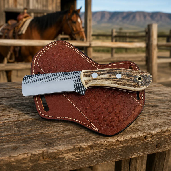 Load image into Gallery viewer, Stagrasp Rasp Steel Stag Horn Bull Cutter – Leather Sheath
