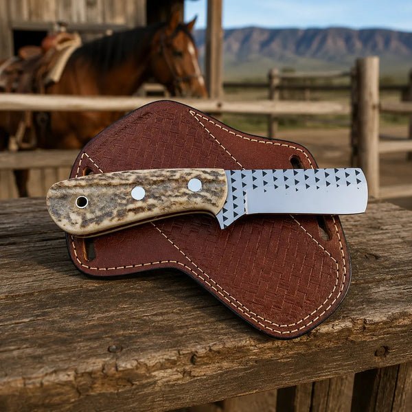 Load image into Gallery viewer, Stagrasp Rasp Steel Stag Horn Bull Cutter – Leather Sheath
